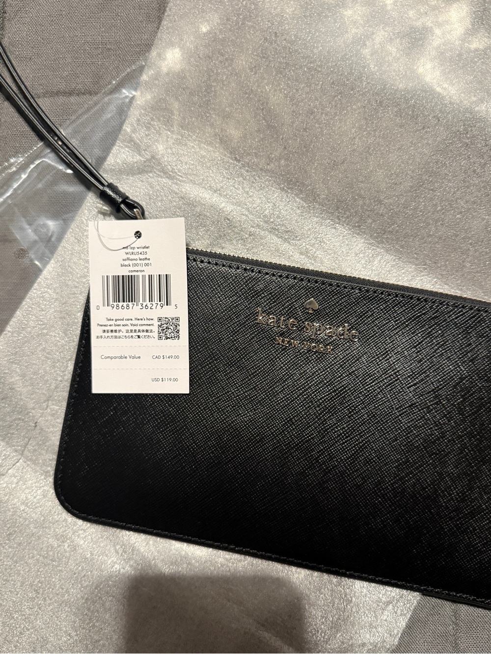 kate spade Cameron Black Leather Wristlet with Silver Logo